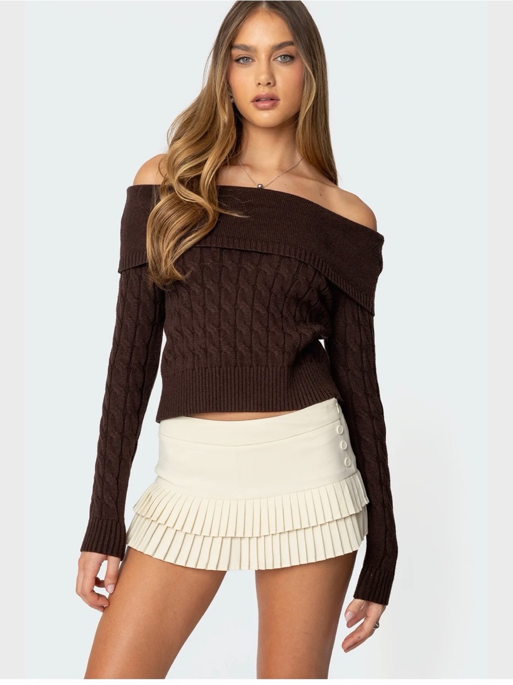 Edikted - Glenn Folder Cable Knit Sweater - Brown - Small - Womens